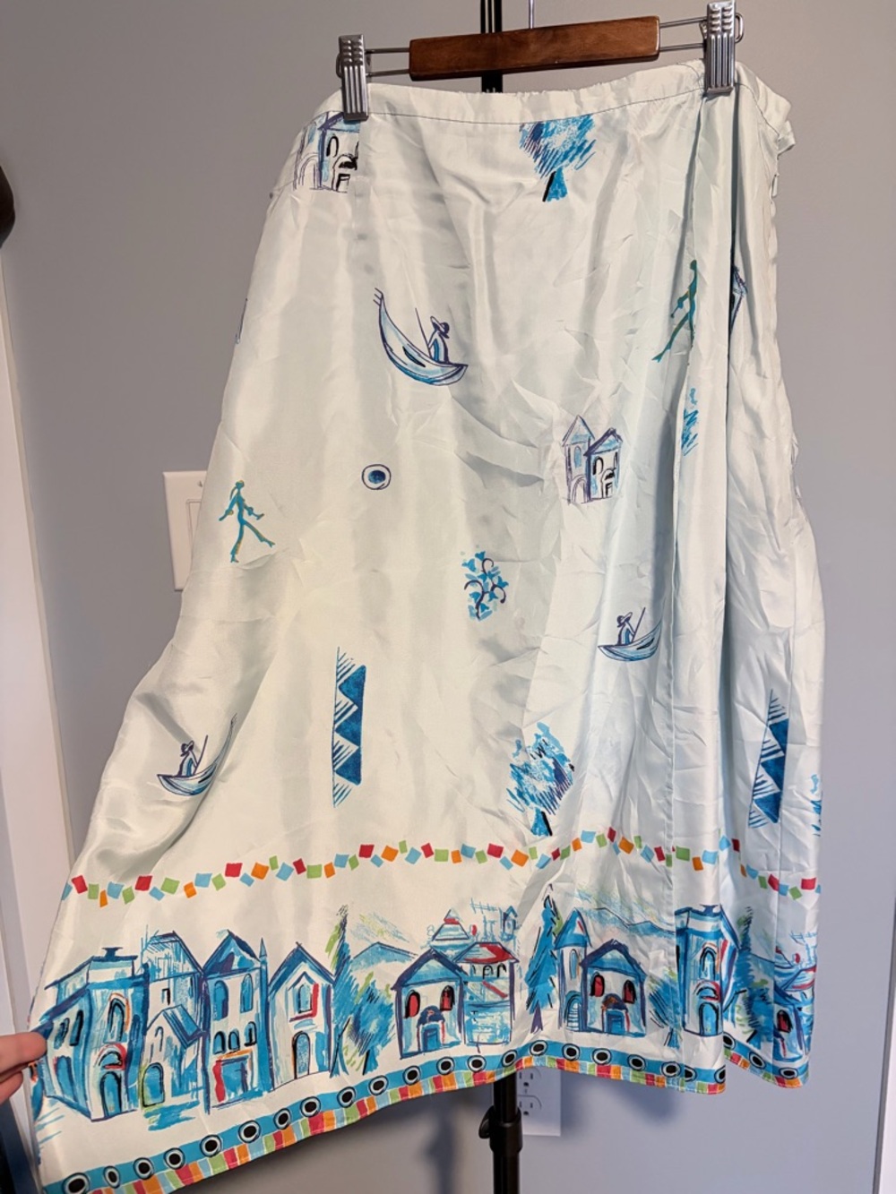 100% SILK Marsh Landing Light Blue Maxi Skirt with Painted Village Border